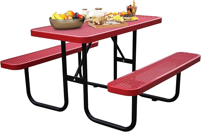 4FT Rectangular Metal Picnic Table for Outdoors, Commercial Steel Metal Picnic Tables, Heavy Duty Sturdy Picnic Tables Furniture Set for Patio Garden Courtyard BBQ, with Umbrella Hole, Red