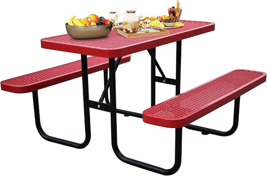 4FT Rectangular Metal Picnic Table for Outdoors, Commercial Steel Metal Picnic Tables, Heavy Duty Sturdy Picnic Tables Furniture Set for Patio Garden Courtyard BBQ, with Umbrella Hole, Red