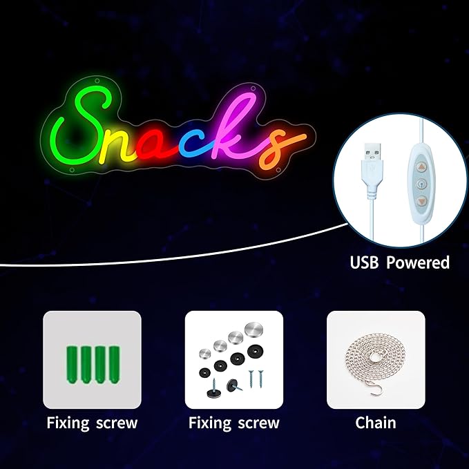 Snacks Neon Sign, Snack Bar Sign for Wall Decor, Colorful Snacks Neon Light Sign for Cake Candy Shop Coffee Bars, Dimmable USB Powered Light Up Sign