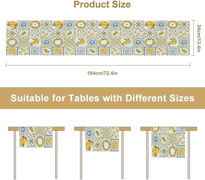 Yellow Lemon Summer Table Runner, Watercolor Spring Yellow and Blue Flower Hawaiian Style Table Runner for Holiday Party Home Kitchen Dining Table, 13x70inch