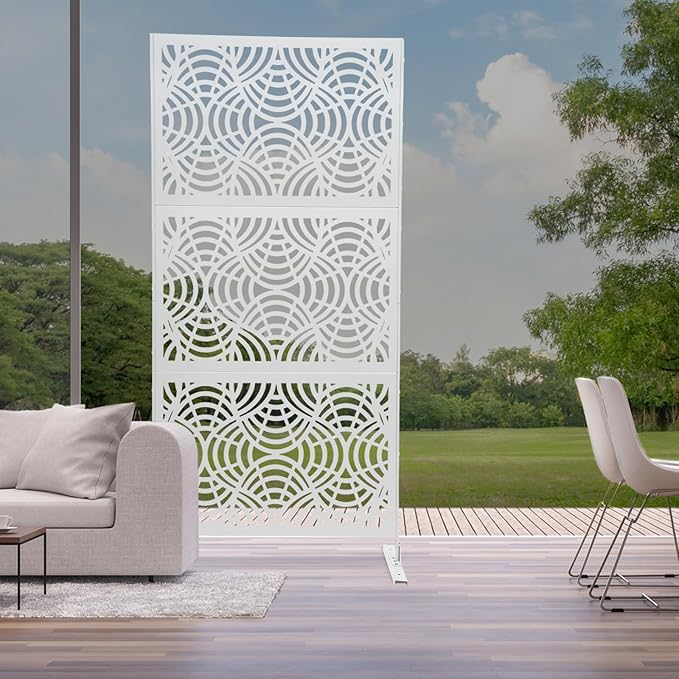 75" H×35" W Decorative Outdoor Privacy Screen with Stand, Outdoor Decor Privacy Fence Screen Metal Fence Panels, Free Standing Metal Divider for Patio Lawn Deck (White -Curved Pattern)