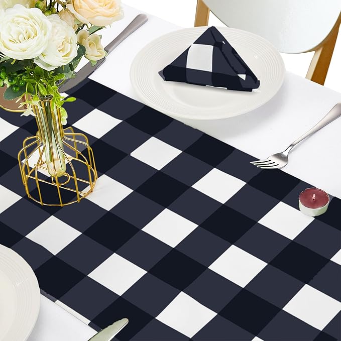 Fabric Checkered Table Runner 6 Pack Waterproof Gingham Table Runner 14W x 108L Buffalo Check Table Runners for Parties Kitchen Dining Wedding Banquet (Navy and White)