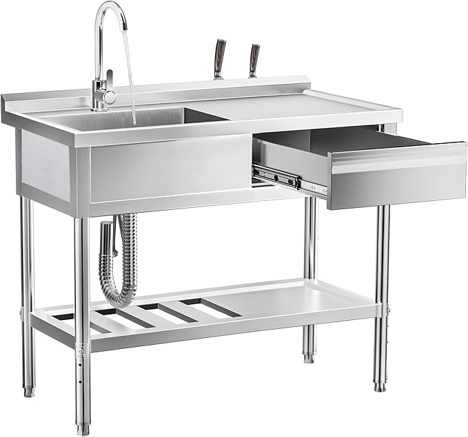 WOEDEN 39" 304 Stainless Steel Utility Sink, Free-Standing Commercial Sink with Workbench, Drawer Storage & Hot/Cold Water Pipes for Laundry, Farmhouse & Outdoor Use