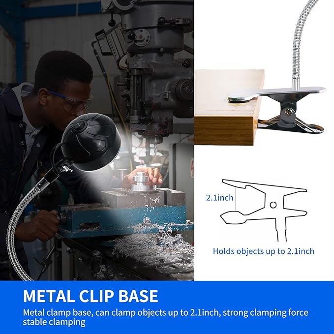 Clamp Light, LED Work Light with Flexible & Strong Clip for Workshop, Sewing, Lathe, Bandsaw, Workbench, Desk, Bright Small Area Task Lighting, 2000 Lumens, Silver
