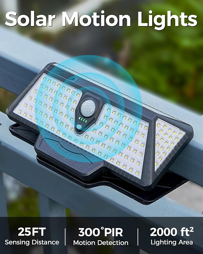 Large Clip on Solar Lights Outdoor, 208 LEDs 1000Lum Bright Solar Security Light with Motion Sensor, 3 Ways -Mount, Portable Solar Outdoor Lights for Fence Gutter Garage Yard