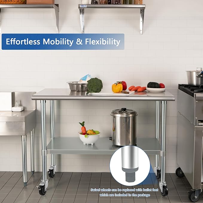 HARDURA Stainless Steel Table with Wheels 30 x 60 Inches Casters NSF Heavy Duty Commercial Work & Prep Table with Undershelf and Galvanized Legs for Restaurant Kitchen Bar and Hotel Garage