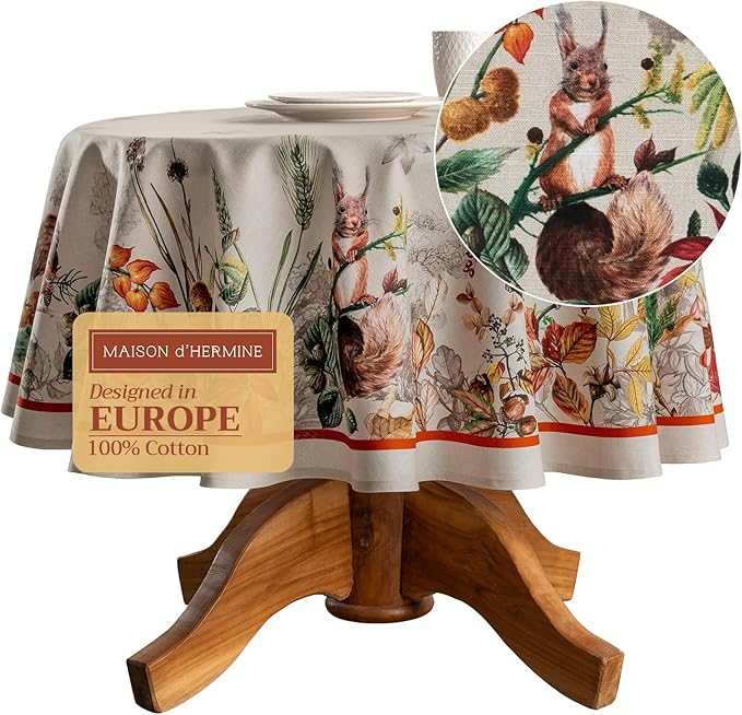 Maison d' Hermine Table Cloth Round Table 100% Cotton 63 Inches Fall Tablecloth Reusable Everyday Use for Thanksgiving Christmas Decorations Dining Farmhouse Party (Recolte)