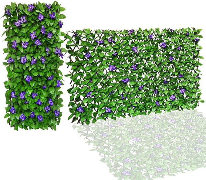 Expandable Fence Privacy Screen for Balcony Patio Outdoor,Decorative Faux Ivy Fencing Panel,Artificial Hedges (Single Sided Leaves) (2, Green Flowers)