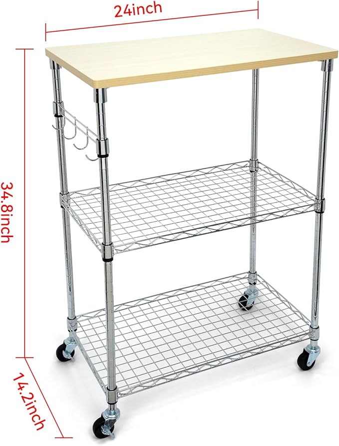 Chrome 3-Tier Rolling Kitchen Cart with Wheels 14" D x 24" W x 34" H and Wood Board Tabletop and 4 Hooks, 300 Pound Capacity, Great for Coffee Cart, Food Service Cart or Utinity and More.