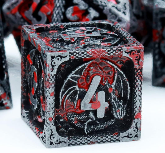 Haxtec Bloodstained Metal DND Dice Set Antique Iron Blood D&D Dice Set Dragon Scale with Leather Dice Bag Bloodsplattered Metal Polyhedral Dice Compatible with Dungeons and Dragons TTRPG Gifts