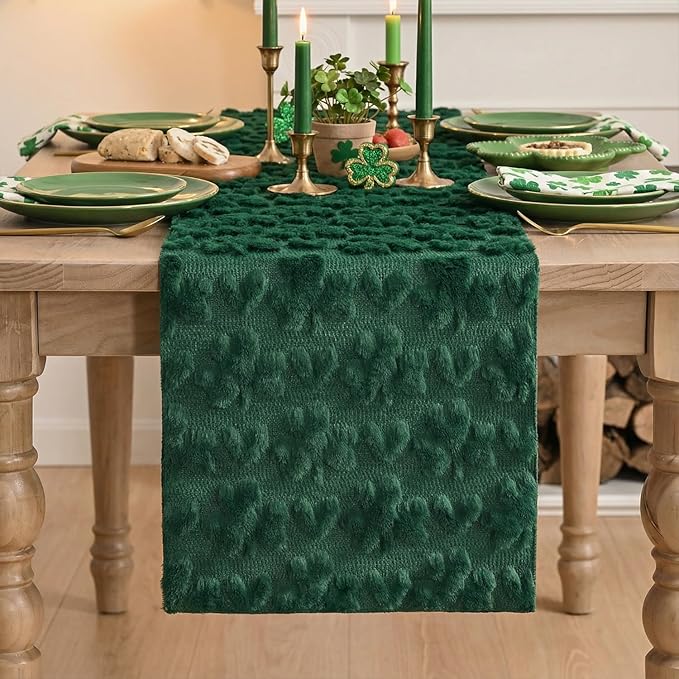 Artoid Mode Green Soft Plush Faux Fur Jacquard Heart Clover St. Patrick's Day Table Runner, Seasonal Kitchen Dining Table Decoration for Home Party Decor 13x72 Inch
