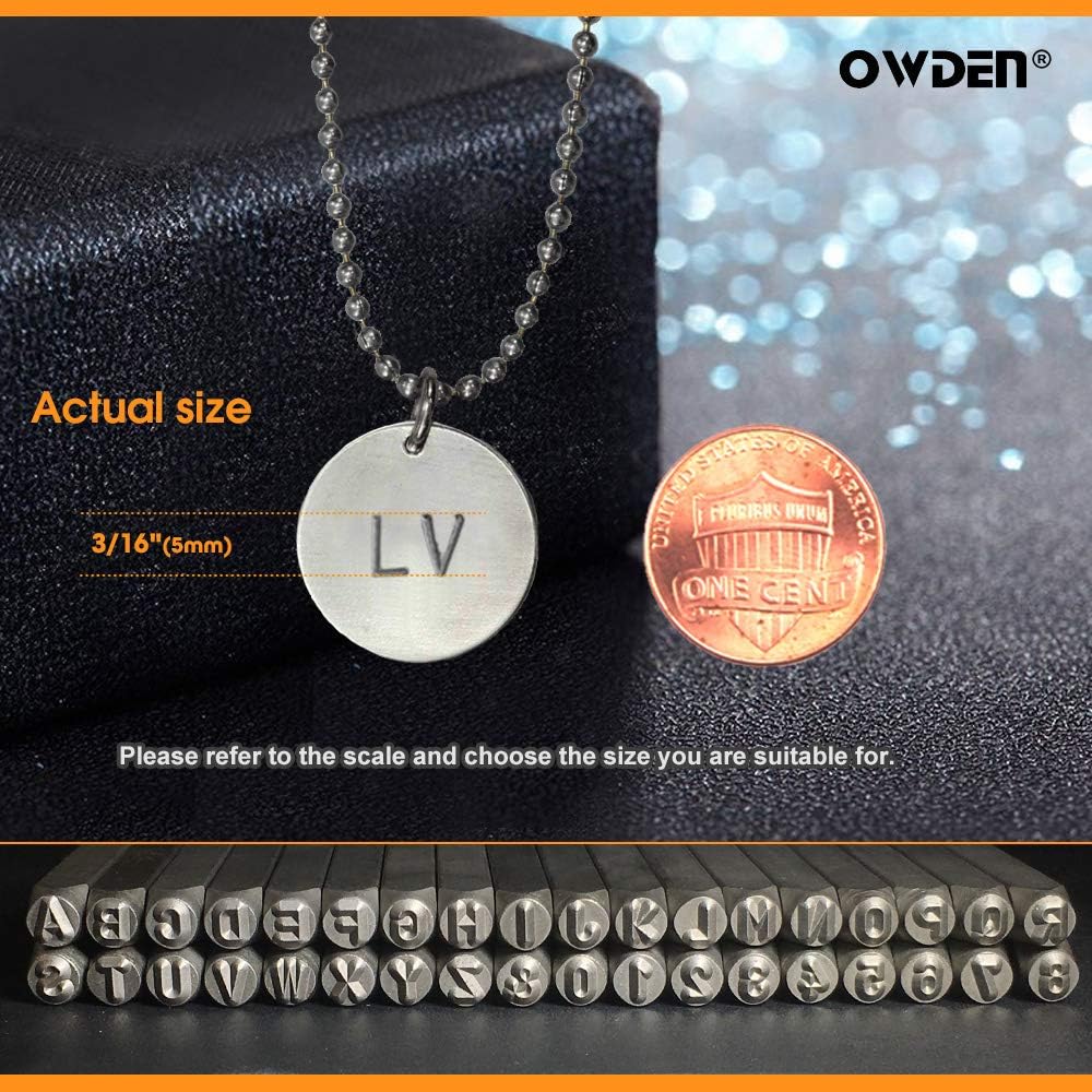OWDEN Professional 36Pcs. Steel Metal Stamps Set,(3/16”) 5mm,Steel Number and Letter Punch Set,Alloy Steel Made HRC 58-62 for Jewelry Craft Stamping.