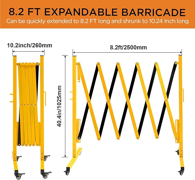 TECSPACE Industrial Expandable Metal Barricade, Expansion Size 8.2 FT, Yellow and Black, Durable Steel Safety Barricade with casters, Flexible Mobile Barrier Gate, Adjustable Traffic Fence