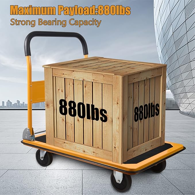LEADALLWAY Platform Truck Large Size 880lbs Foldable Push Cart 35.8x24x34.3inches Yellow with 2 Ropes