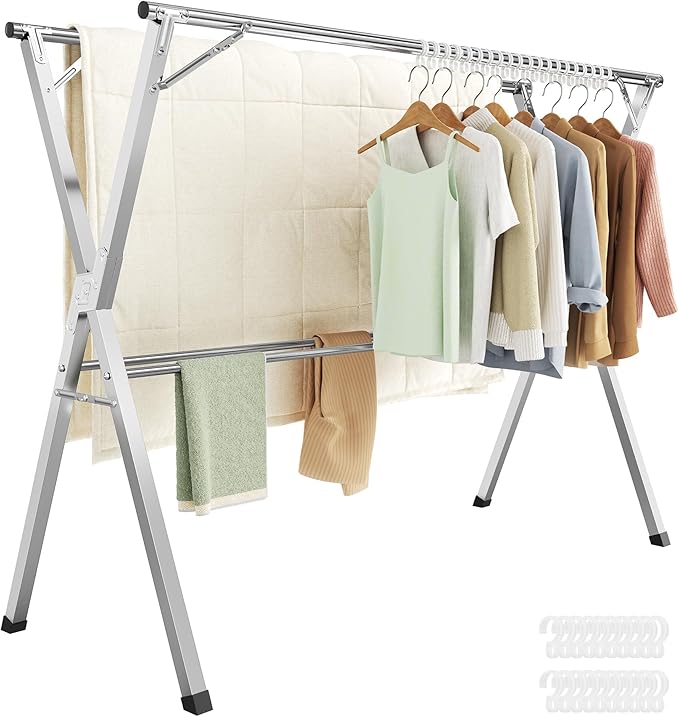 SONGMICS Clothes Drying Rack, Heavy-Duty Laundry Drying Rack, 45.7-63.4 Inches Extendable, Foldable Freestanding Airer, Stainless Steel, for Indoor Outdoor Use, Dove Gray ULLR901E01