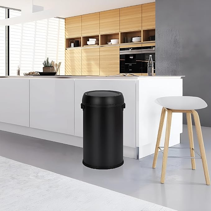 Commercial Grade Stainless Steel Kitchen Trash Can, 65L (17 Gallon) Heavy Duty Round Garbage and Recycling Bin with Fingerprint-Proof Swing Lid, Durable Indoor and Outdoor Use