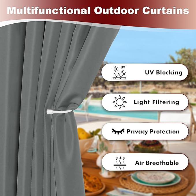 HolidayIdeas Grommet Top Outdoor Curtains for Patio Waterproof 8 Pcs All Weather Balcony Outside Curtain Panels for Apartments, Gazebo, Pergolas, Porch, 54x108 Inch, Grey