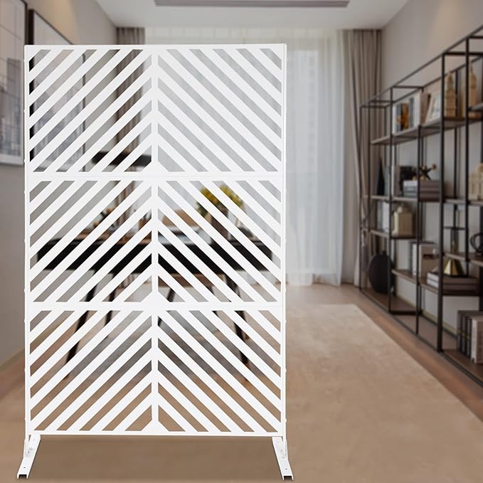 75" H×35" W Decorative Outdoor Privacy Screen with Stand, Outdoor Decor Privacy Fence Screen Metal Fence Panels, Free Standing Metal Divider for Patio Lawn Deck (White-Twill)