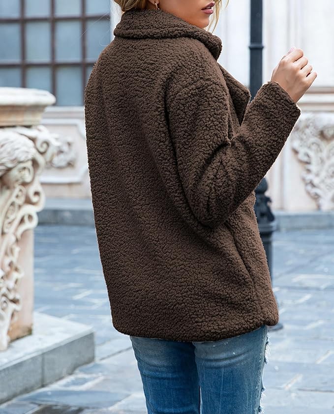 Women's Winter Warm Plush Cardigan Fuzzy Fleece Lapel Jacket with Buttons Pockets Long Sleeve Casual Outerwear