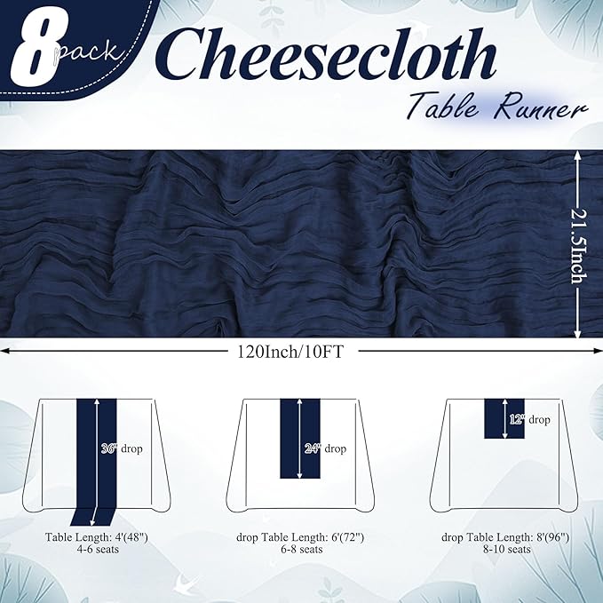 8 Packs Navy Blue Cheesecloth Table Runner 10FT Long Boho Gauze Fabric Table Runner Vintage Rustic Sheer Runners for Wedding Party Bridal Baby Shower Table Decorations