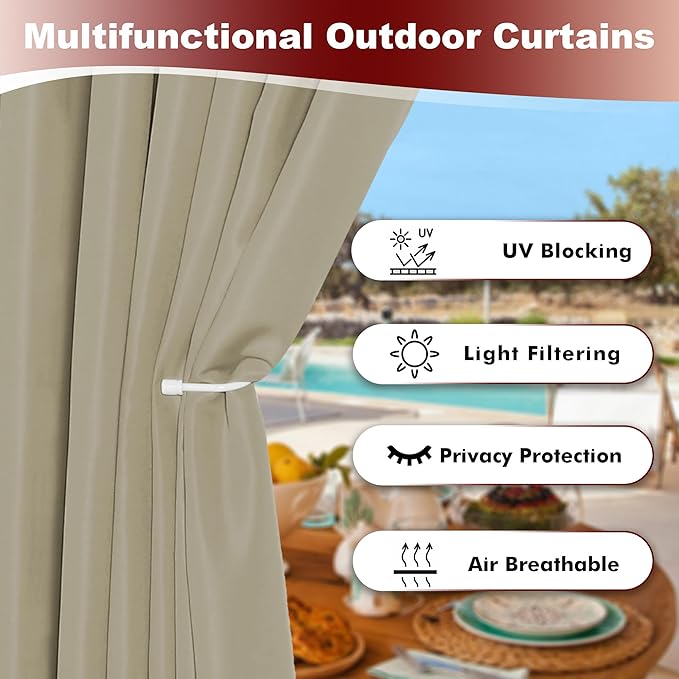 HolidayIdeas Grommet Outdoor Curtains for Patio Waterproof 8 Pcs All Weather Balcony Outside Curtains for Apartments, Gazebo, Pergolas, Porch, 54x84 Inch, Taupe