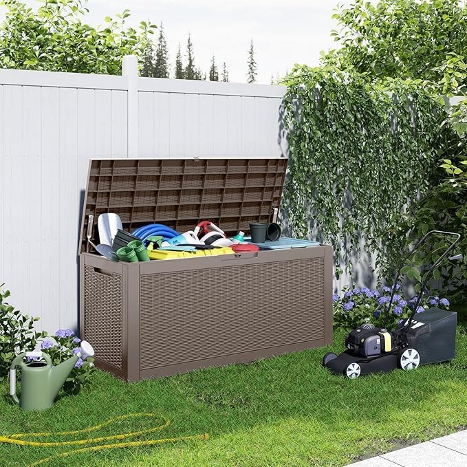 120 Gallon Deck Box,Resin Outdoor Storage Box with Lockable for Patio Furniture, Pool Accessories, Garden Tools Waterproof Outside Storage Box, Grey