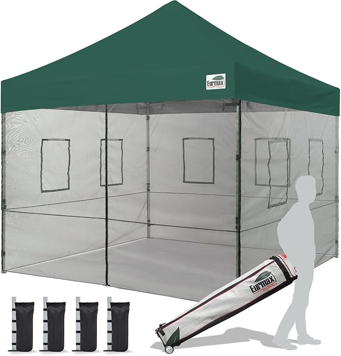 Eurmax USA 10'x10' Pop-up Canopy Tent Commercial Instant Canopies with 4 Removable Zipper End Food Service Wall kit and Roller Bag, Bonus 4 SandBags(Forest Green)