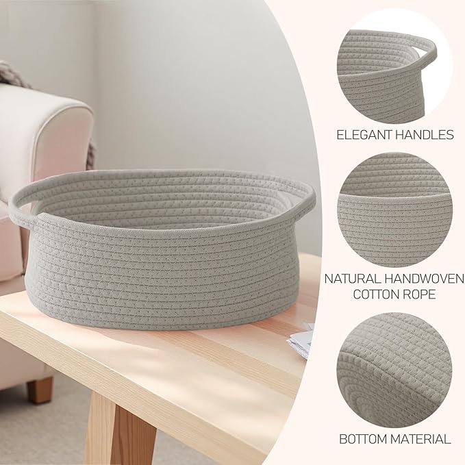 Woven Basket,Small Rope Storage Bin with Handles & Ribbon Bag, Organizer for Shelves Closets,Gift Basket Empty for Birthday,Books,Dog Toys, Grey