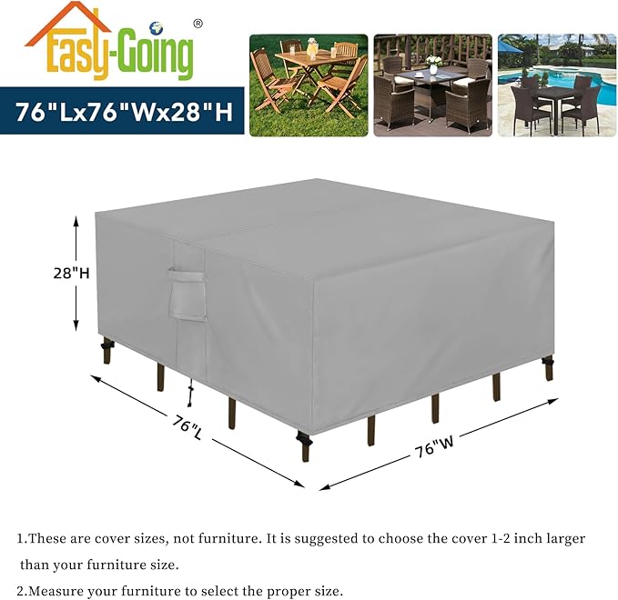 Easy-Going Square Patio Furniture Cover Waterproof Outdoor Dining Table and Chair Cover Anti-UV Outside Sectional Sofa Set Covers (76"L x 76"W x 28"H, Grey)