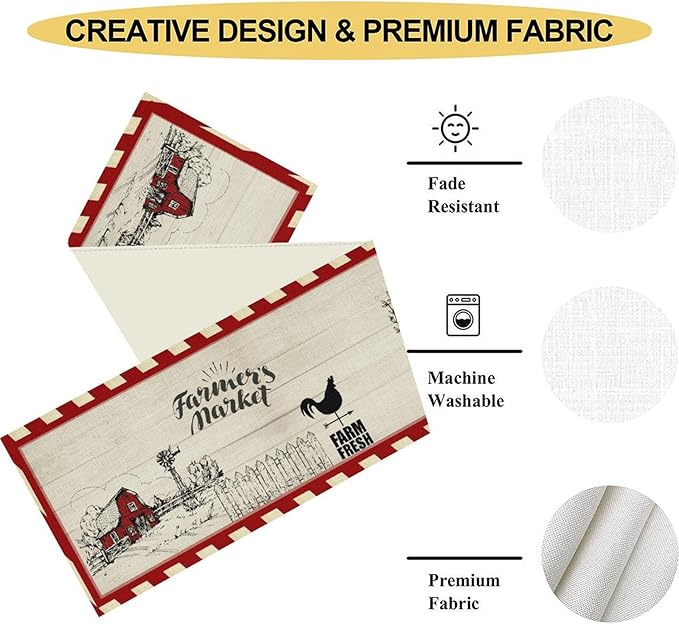 Farmhouse Table Runner, Rustic Country Barn Cottage Rooster Check Animal Plank Coffee Table Center Decor for Home Kitchen Dining Patio Holiday Party Indoor Outdoor Table Decorations 13"x72"