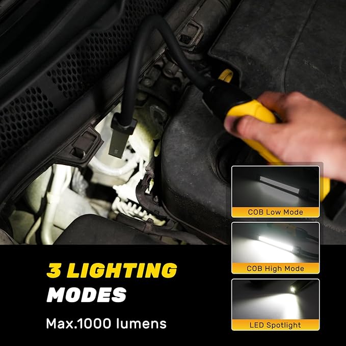 Rechargeable LED Work Light with Flexible Gooseneck, Up to 1000 Lumens 3 Modes Magnetic Work Light, Mechanic Light with Magnetic Base for Work Bench, Lathe, Car Repair, Grill Light, Emergency