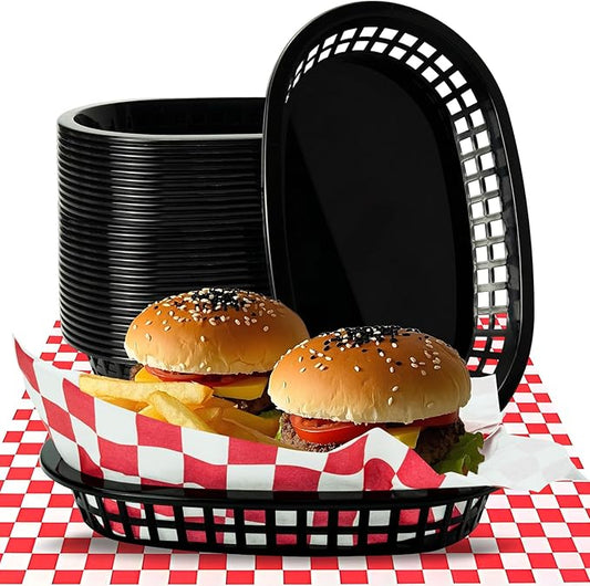 18 Pcs Fast Food Baskets, Black Oval Baskets with 100 Pcs Red Retro Style Checkered Deli Liner, Plastic Food Serving Basket for Hot Dogs, Bread, Fruit, Burgers, Home, Picnic, Restaurants