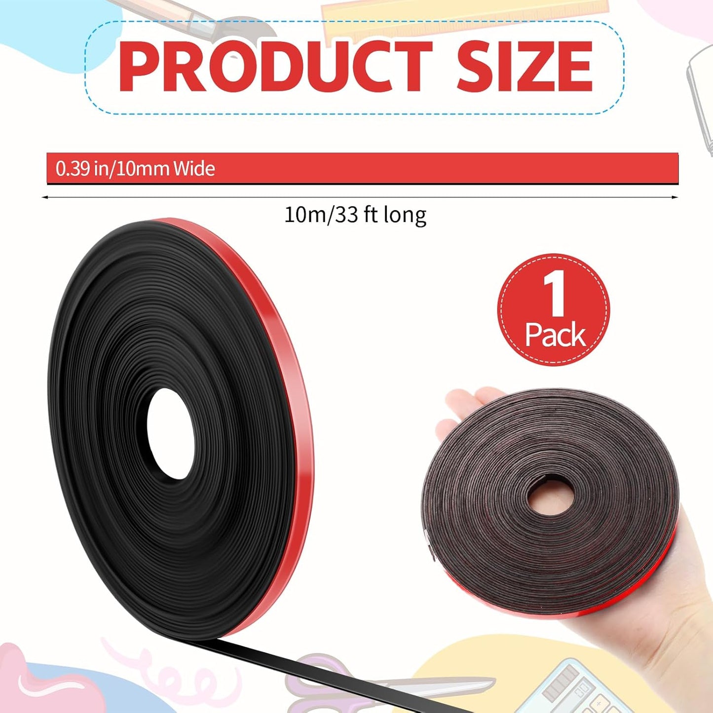 Magnetic Tape Roll Thin Strips, 0.39 Inch x 33 Feet Magnetic Board Dividers Whiteboard Graphic Decorative Tape Marking Line for Classroom Office Art Accessories(Red)