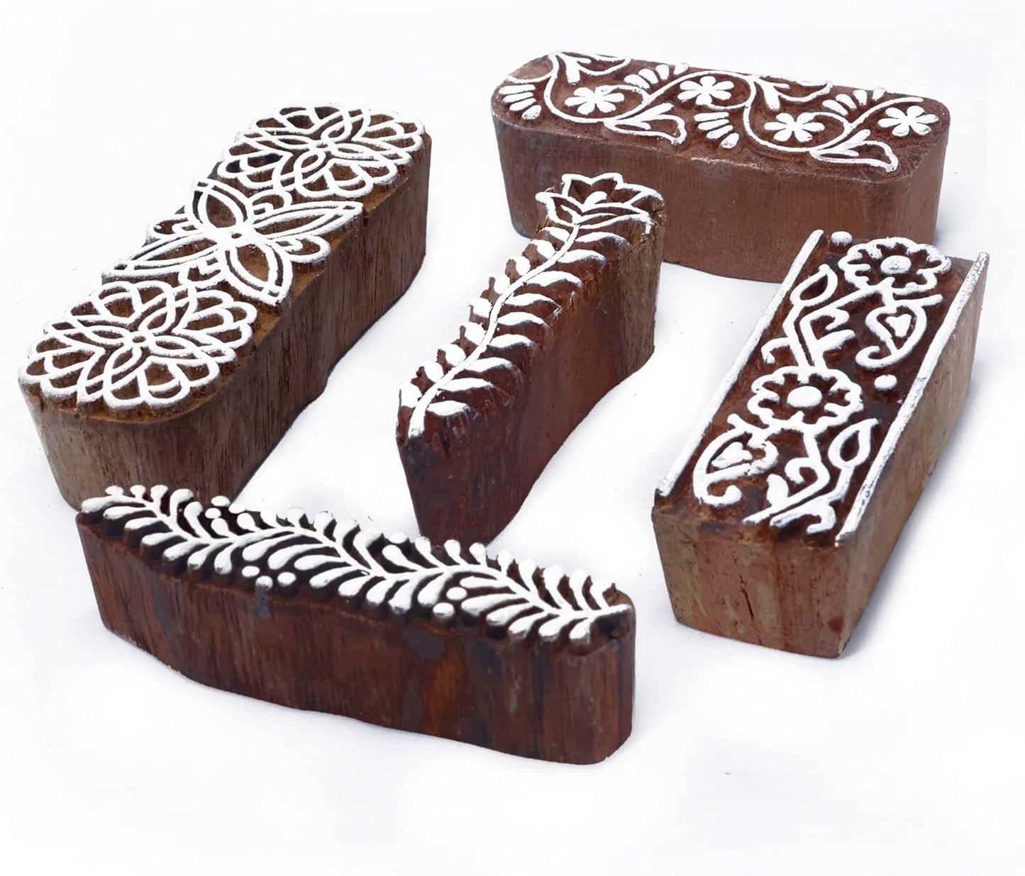 Wooden Stamps for Block Printing | Set of 5 | Border Shaped Wooden Finger Stamps, Tattoo Handcarved Indian Textile Printing Blocks for Henna Mehndi Clay Pottery Hashcart®