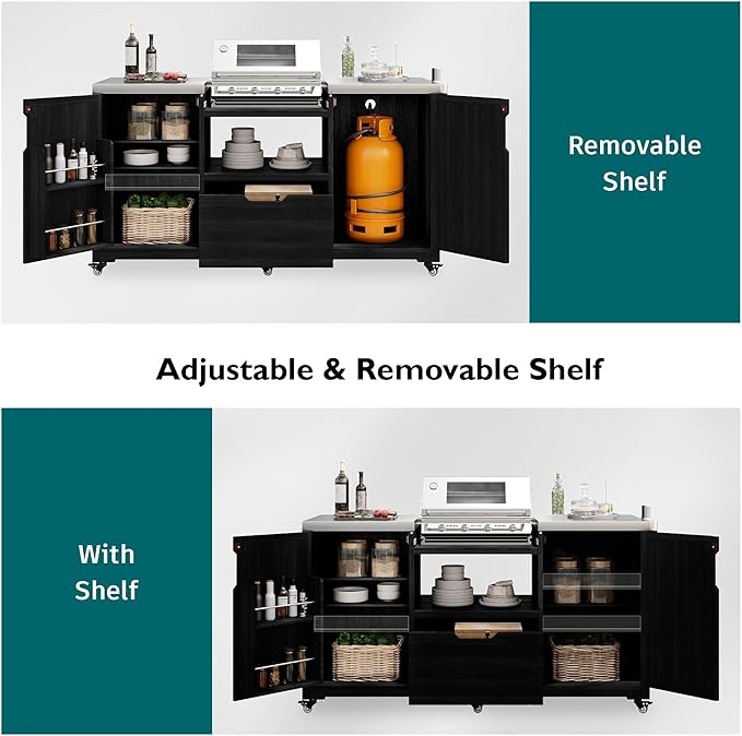 66.5" Outdoor Kitchen Island with Stainless Steel Top for Big Green Egg, Rolling Grill Cart with Adjustable Shelves, Lockable Wheels, Outdoor Table and Bar Storage Cabinet for Patio