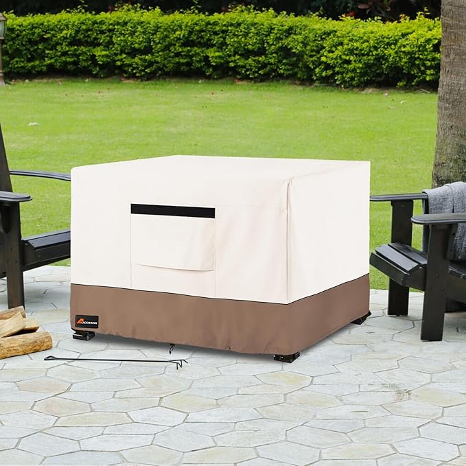 Fire Pit Cover Square, Outdoor Heavy Duty Durable 600D Tear-Resistant 100% Waterproof 28-30 Inch Fire Pit Cover, Patio Weatherproof Square Fire Table Protector, Beige 30" L x 30" W x 25" H