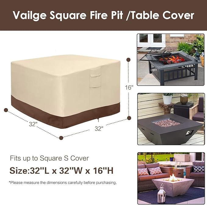 Vailge Fire Pit Cover Square,100% Waterproof Square Gas Firepit Table Cover,Outdoor Heavy Duty Lawn Patio Furniture Covers with Air Vent and Handle,32" L x 32" W x 16" H,Beige & Brown