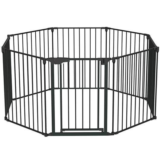 Bonnlo 188'' Wide Baby Gate Playpen 8 Panel Adjustable Play Yard Metal Dog Gate with Door Fireplace Christmas Tree Fence for Pet/Child/Toddler