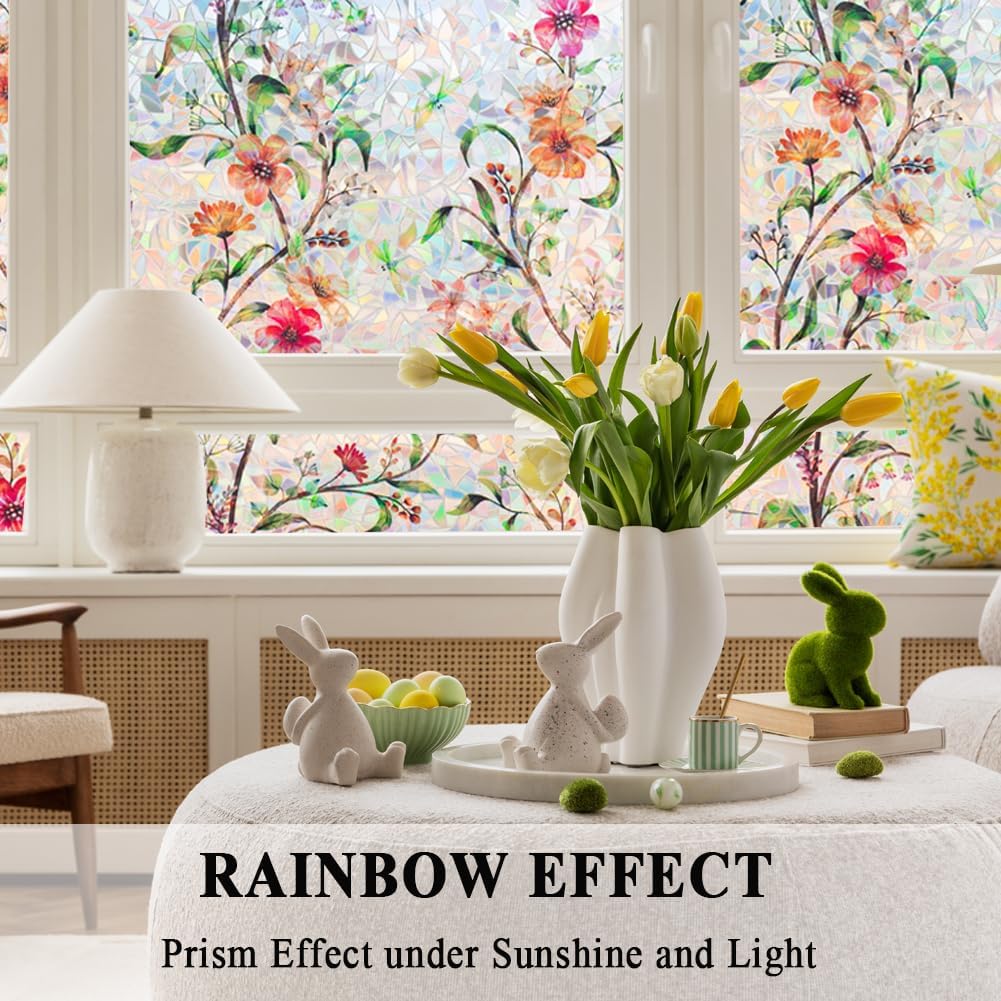 Stained Glass Window Film Static Cling Door Privacy Film Decorative Flowers Green Leaves Window Decals Stickers Heat Control Anti UV for Home and Office,17.5 inches by 157 inches