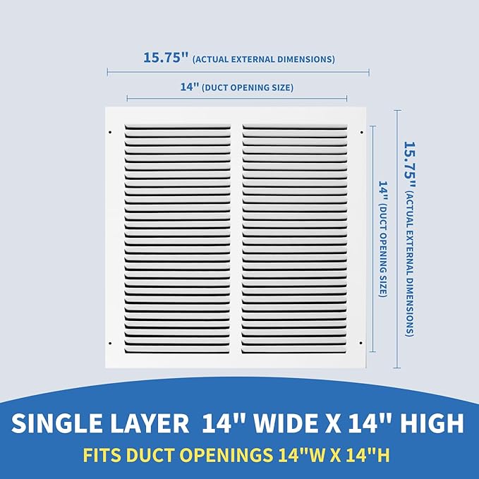 14x14 Vent Cover (Duct Opening Size), Air Return Vent Cover, AC Vent Cover, Cold Air Return Vent Cover, Flat Return Air Grilles, Outer Dimensions:15.75"W x 15.75"H (14"Wx14"H, Duct Opening)