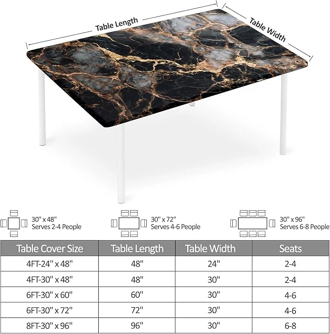 Rectangle Table Cloth Cover Waterproof Elastic Fitted Polyester Fitted Tablecloths for 4 Foot Tables for Indoor,Picnic, Camping, Outdoor （48" x 30"，Black Marble）