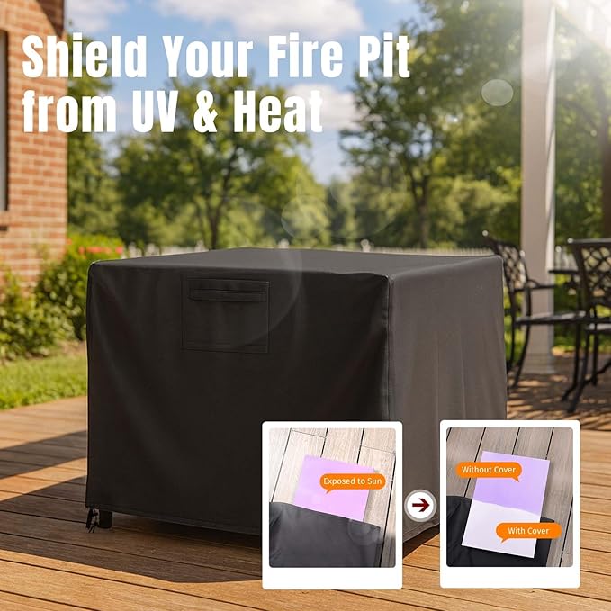 SHINESTAR 32 Inch Fire Pit Cover Square, Fits for 28-32 Inch Outdoor Fire Pit Table, Waterproof Layer & Double Stitching with Windproof Drawstring and Buckle Straps, 32 x 32 x 24 Inches, Black