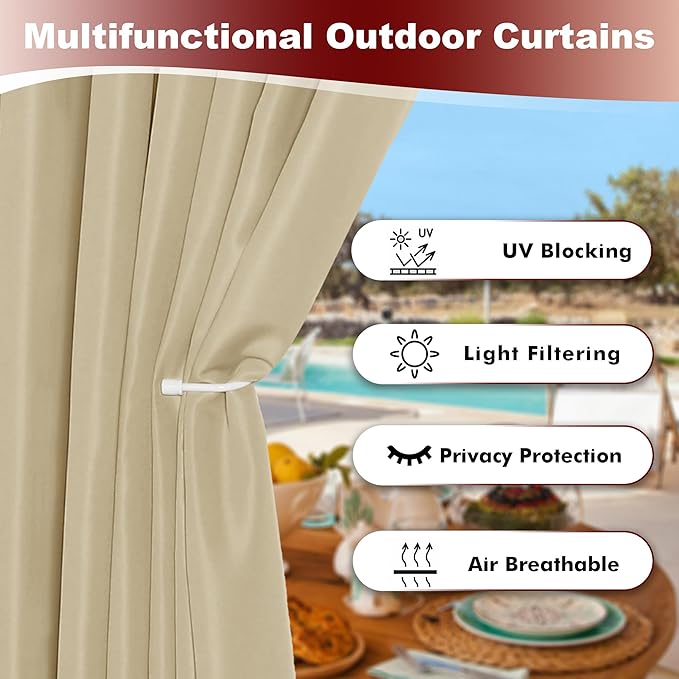 HolidayIdeas Grommet Outdoor Curtains for Patio Waterproof 8 Pcs All Weather Balcony Outside Curtains for Apartments, Gazebo, Pergolas, Porch, 54x95 Inch, Cream