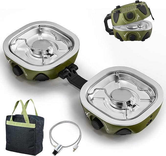 BODEGA 2 Burner Camping Stove, 20000 BTU Folding Propane Camp Stove with Adjustable Burners,Portable Dual Gas Stoves with Carry Handle&Bag for Camping,BBQ,RV,Home,Camping Essentials Gear