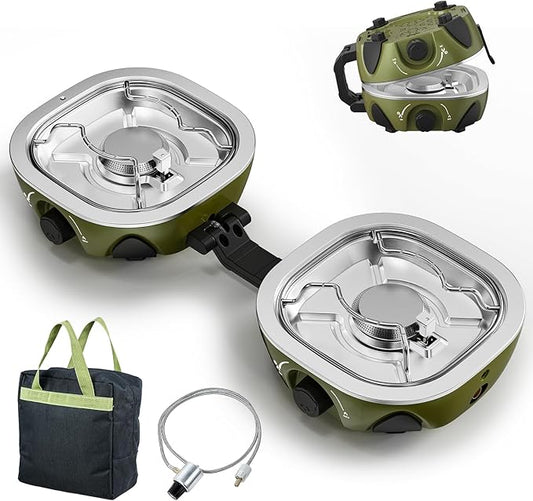 BODEGA 2 Burner Camping Stove, 20000 BTU Folding Propane Camp Stove with Adjustable Burners,Portable Dual Gas Stoves with Carry Handle&Bag for Camping,BBQ,RV,Home,Camping Essentials Gear