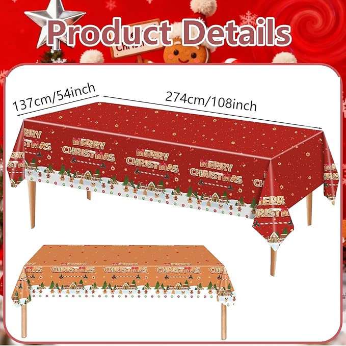 Merry Christmas Party Table Cloth Decorations Red Orange Gingerbread Plastic Xmas Tablecloths - 54x108inch Snowflake Christmas Tree Disposable Table Cover for Holiday Indoor Outside Home