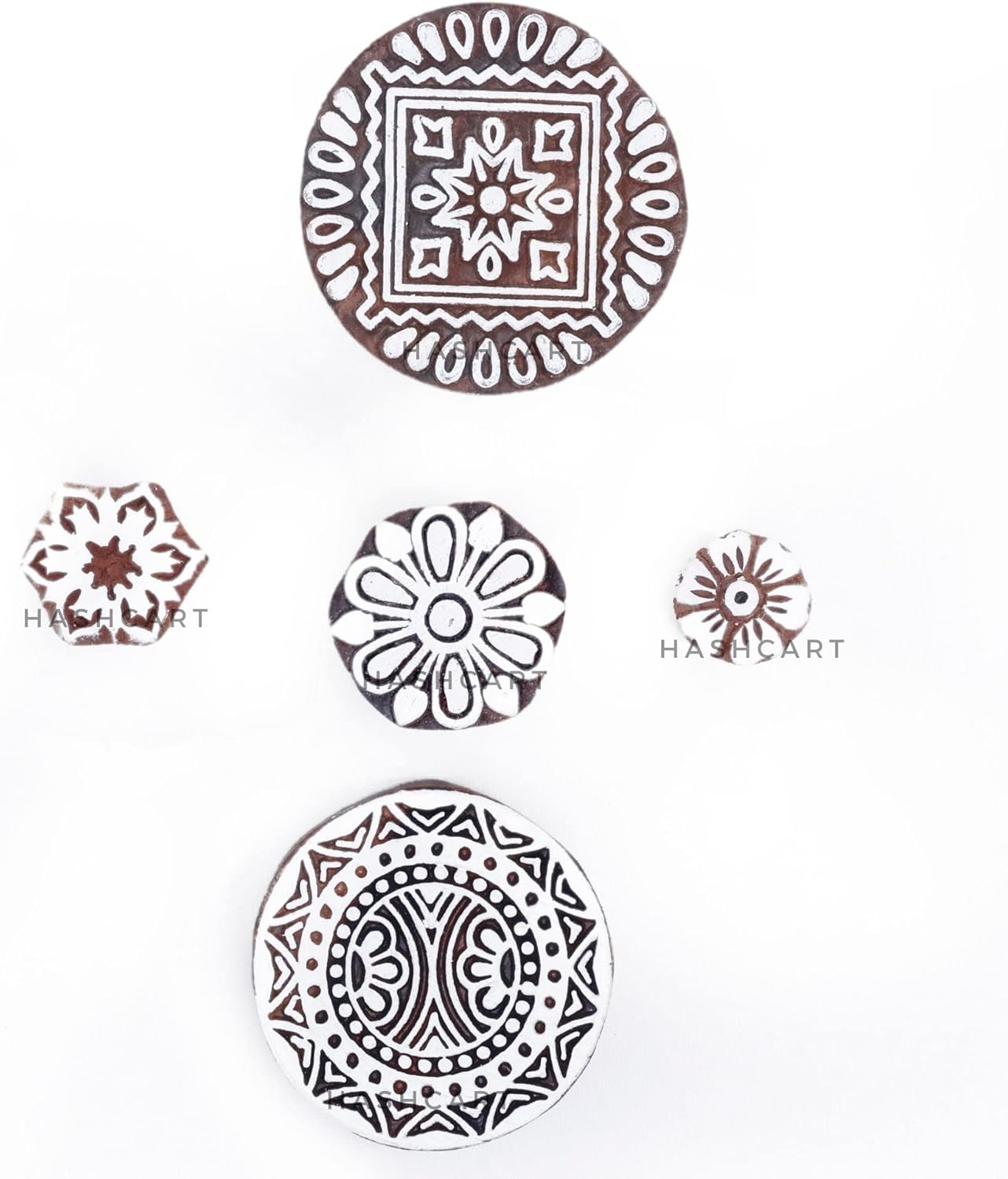 Wooden Stamps for Block Printing on Saree Border, Textile, Clay, Pottery, Tattoo - Indian Textile Printing Blocks | Set of 5 | Hashcart®