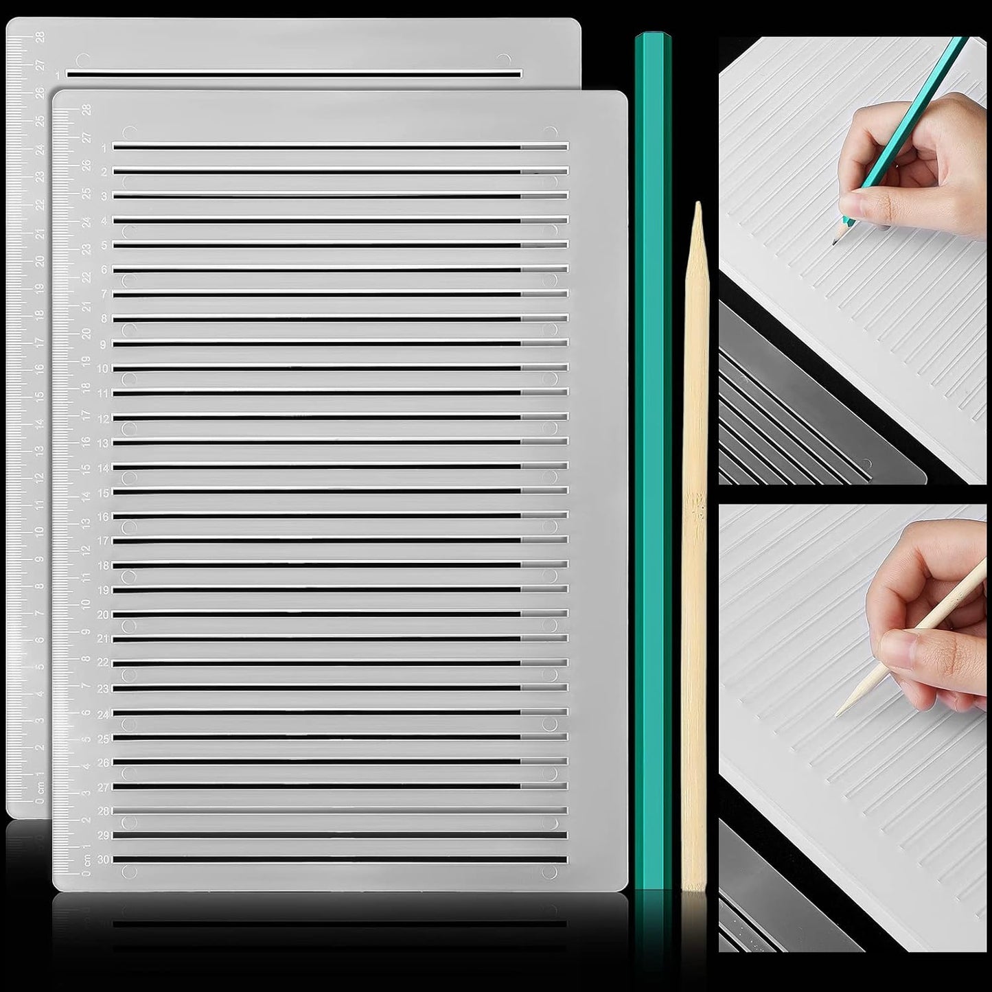 2 Packs Plastic Straight Line Stencil Template for Journaling Spacing Line Lettering Guide 11 Inch Scale Writing Ruler Envelope Addressing Template with Bamboo Stick and 2B Pencil for Paper Card Aids