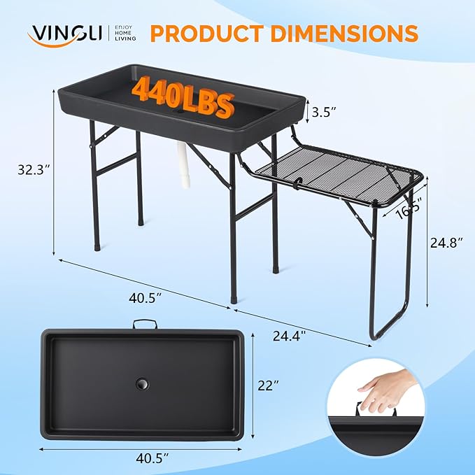 VINGLI Ice Table with Side Table, Portasble Cooler Table with Removable Skirt, Patio Table, Indoor & Outdoor Bar for Events, Parties and Camping Black