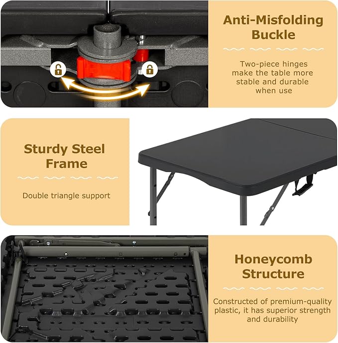 FDW 4FT Folding Table Half Portable Foldable Table Picnic Table for Office Home Camping Party (Black, 4 FT)